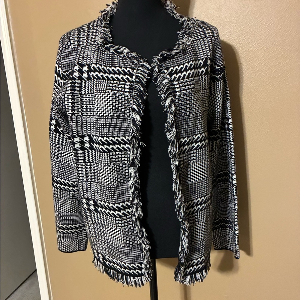 Sioni Black and White Fringe Open-Front Blazer